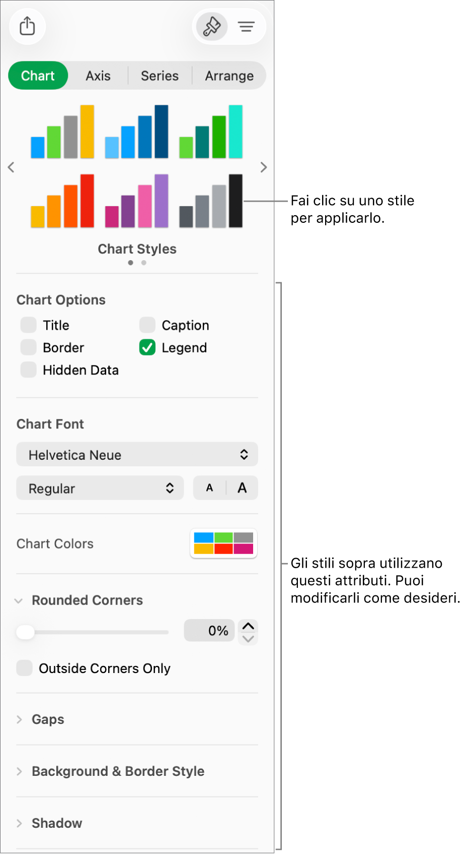 Barra laterale Formattazione con i controlli per formattare i grafici.