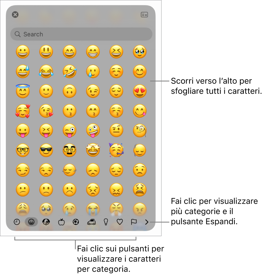 Finestra dei caratteri speciali con le emoticon, i pulsanti per i diversi tipi di simboli nella parte inferiore e la didascalia di un pulsante per mostrare l’intera finestra dei caratteri.