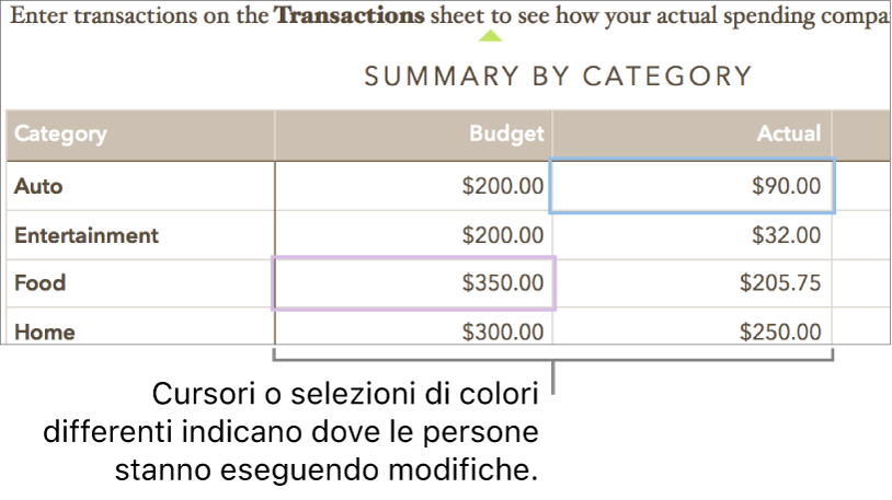 Cursori o selezioni in colori diversi mostrano il punto in cui le varie persone stanno apportando modifiche.