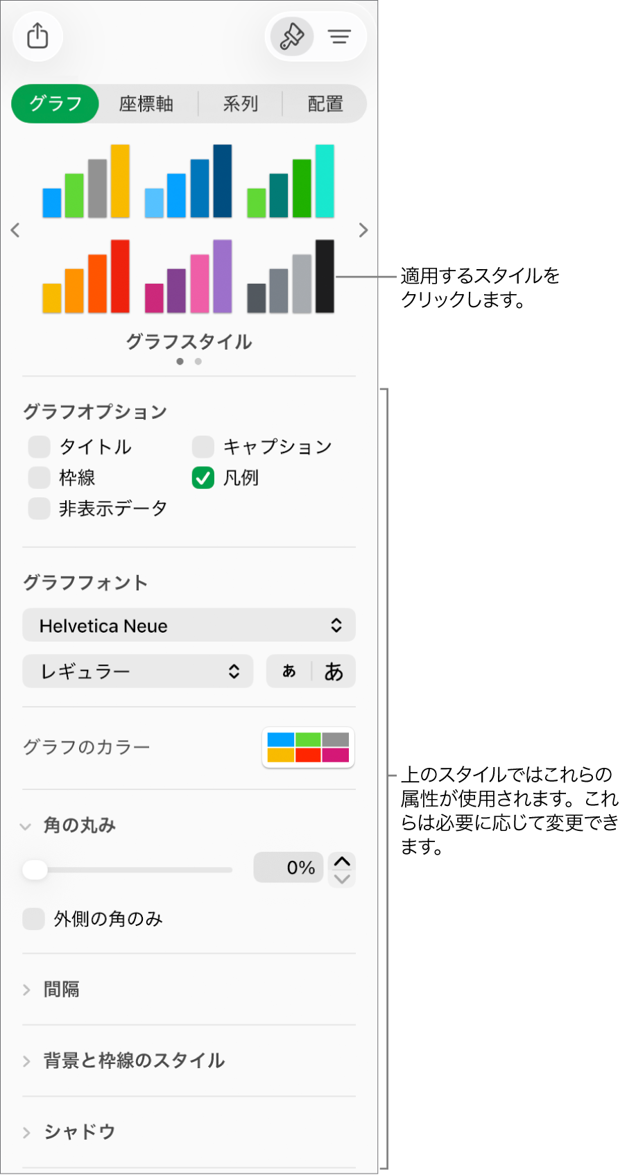 「フォーマット」サイドバー。グラフをフォーマットするためのコントロールが表示された状態。