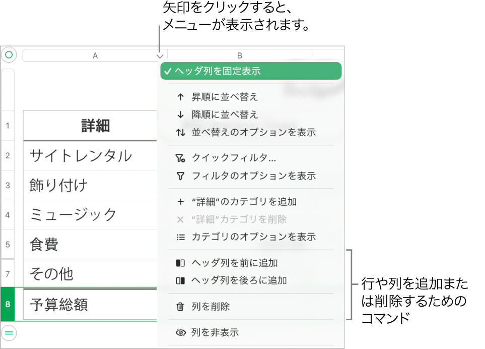 行や列を追加または削除するためのコマンドが表示された表の列のメニュー。