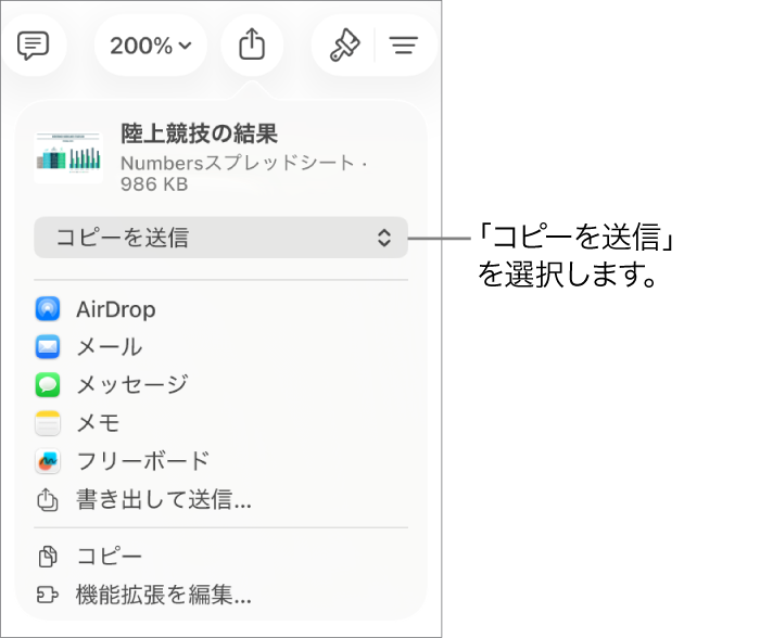 「共有」メニュー。上部で「コピーを送信」が選択されています。