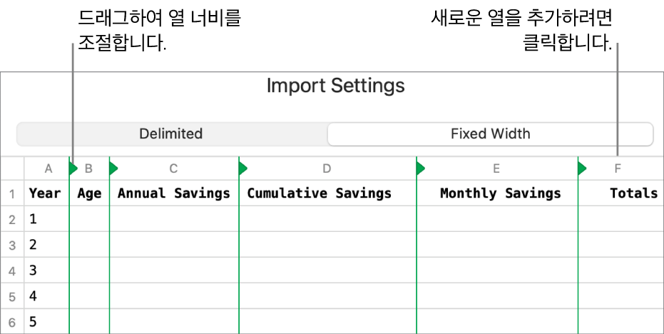 고정폭 텍스트 파일의 가져오기 설정.