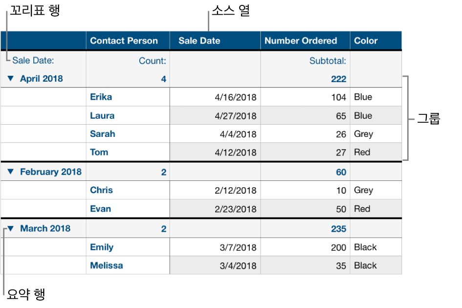 소스 열, 그룹, 요약 행 및 레이블 행을 표시하는 분류된 표.