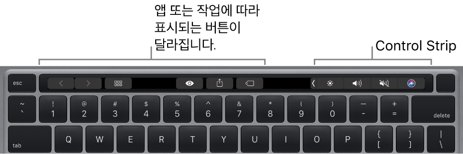 숫자 키 위에 Touch Bar가 있는 키보드입니다. 텍스트 수정 버튼은 왼쪽과 중앙에 있습니다. 오른쪽에 있는 Control Strip에는 밝기, 음량, Siri를 제어하는 시스템 제어기가 있습니다.