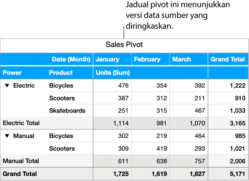 Jadual pivot menunjukkan data yang diringkaskan untuk basikal, skuter dan papan selaju, dengan kawalan untuk mendedahkan data tertentu.