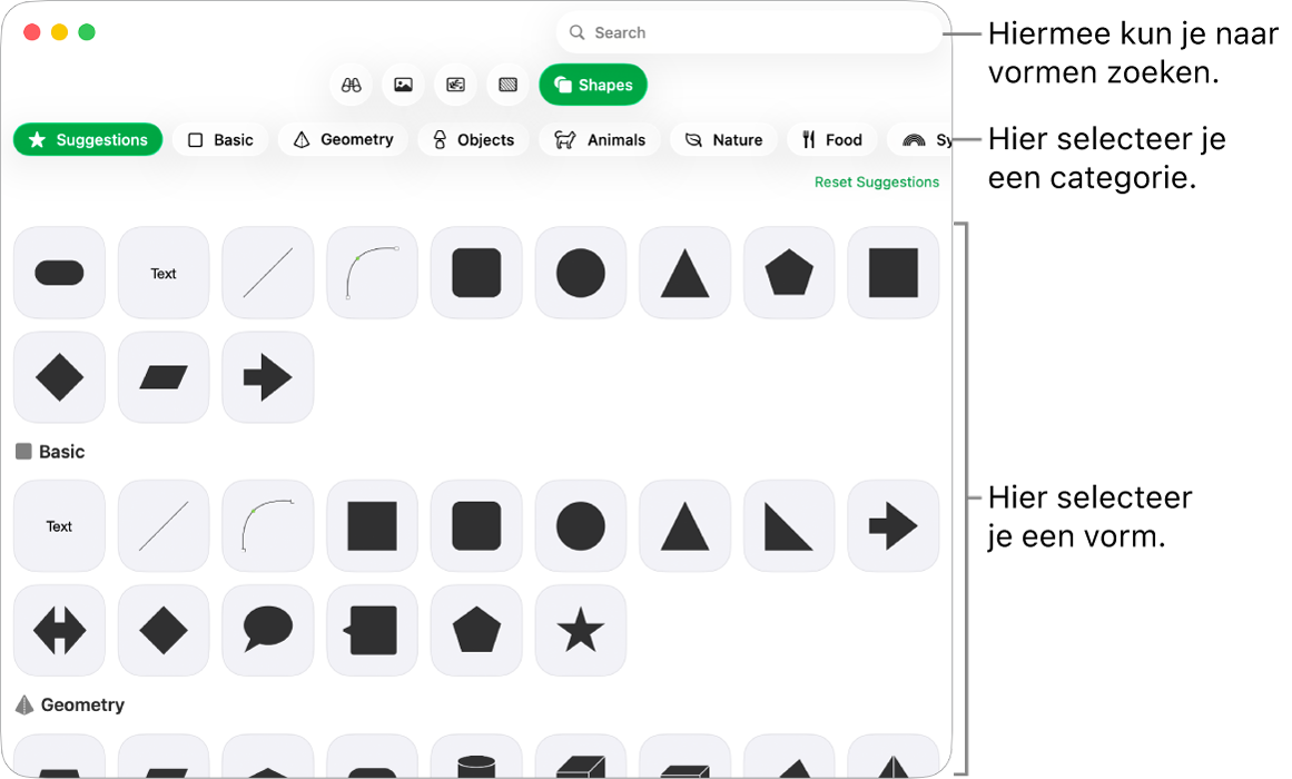 De vormenbibliotheek met links een lijst met categorieën en rechts vormen. Je kunt het zoekveld bovenaan gebruiken om vormen te zoeken. Scrol om meer opties weer te geven.