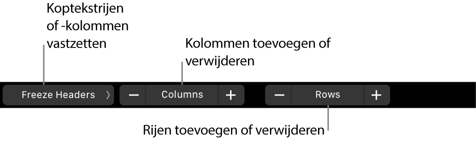 De Touch Bar op een MacBook Pro met regelaars voor het vastzetten van koptekstrijen of -kolommen, het toevoegen of verwijderen van kolommen en het toevoegen of verwijderen van rijen.