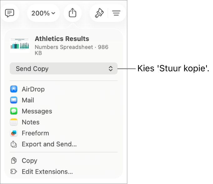 Het Deel-menu waarin bovenin 'Stuur kopie' is geselecteerd.