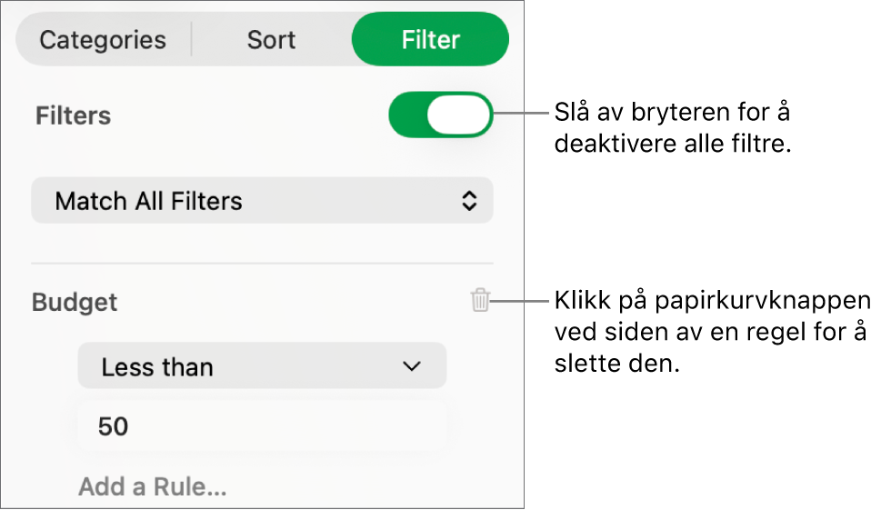 Kontroller for å slette et filter eller slå av alle filtre.