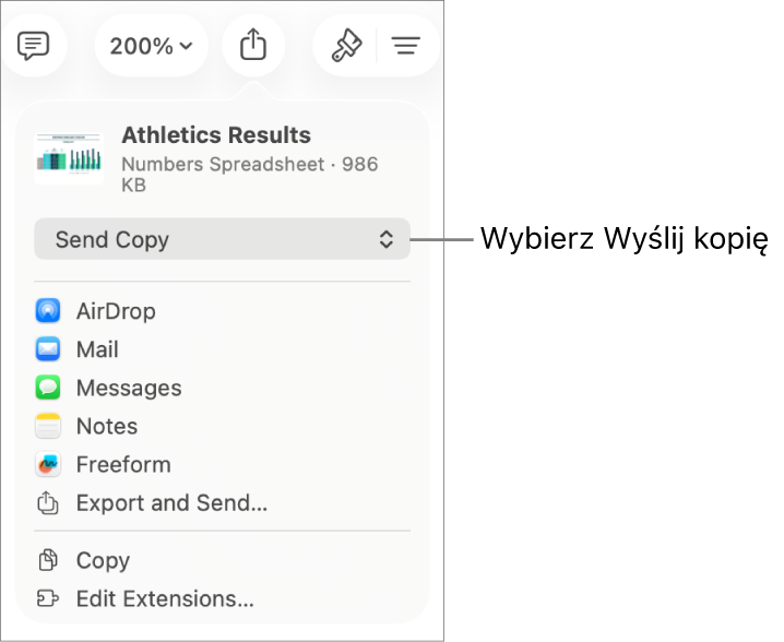 Menu udostępniania z wybraną opcją Wyślij kopię (na górze).