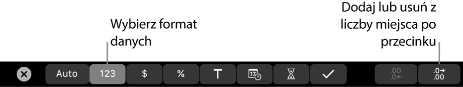 Pasek Touch Bar na MacBooku Pro z narzędziami do wybierania formatu danych oraz dodawania lub usuwania miejsc po przecinku.