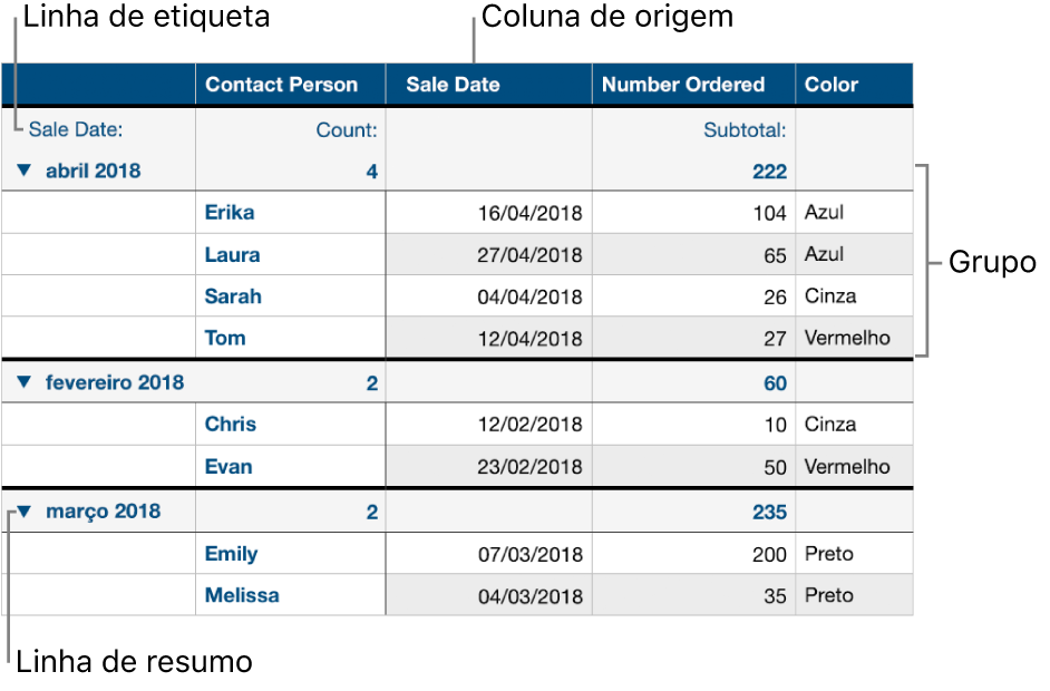 Uma tabela categorizada mostrando os grupos de coluna de origem, linha de resumo e etiqueta.