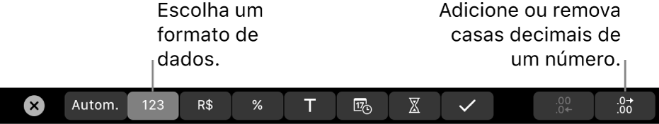 Touch Bar do MacBook Pro, com controles para escolher um formato de dados e adicionar ou remover casas decimais de um número.