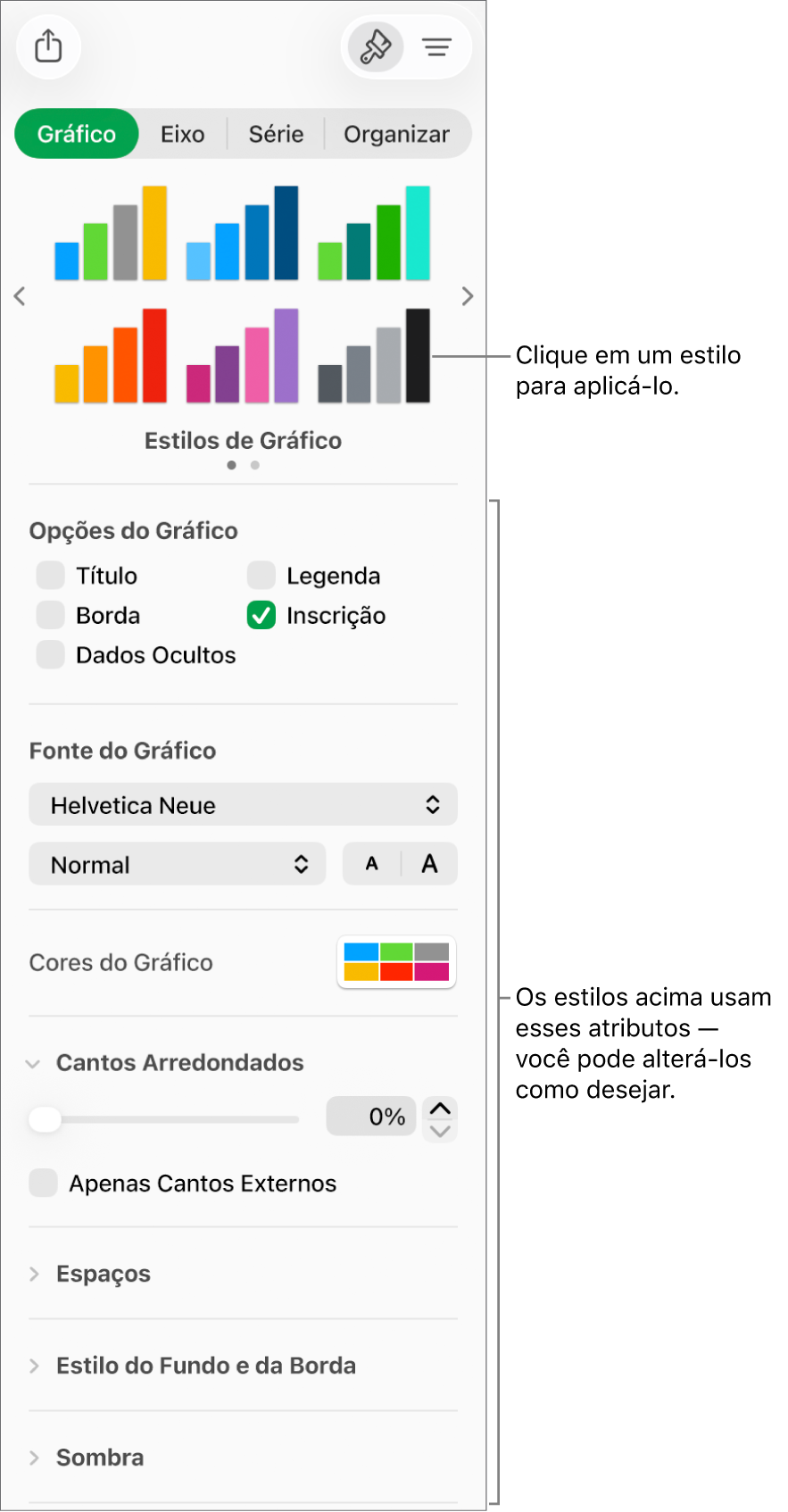 Barra lateral Formatar mostrando os controles para formatar gráficos.