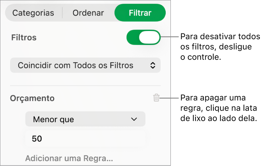 Controles para apagar um filtro ou desativar todos os filtros.