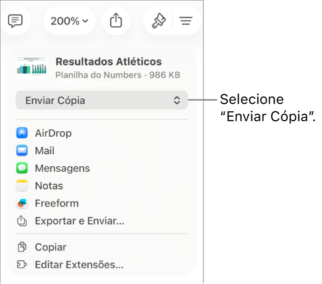Menu Compartilhar com “Enviar Cópia” selecionado na parte superior.