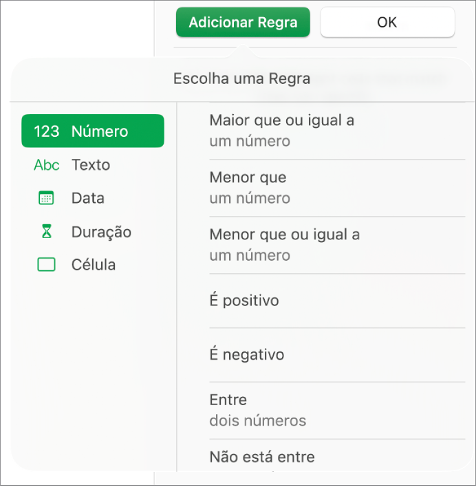 Tipos de regras de destaque de células.