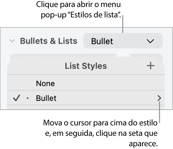 O menu pop-up “Estilos de lista” com um estilo selecionado e uma seta na sua extremidade direita.