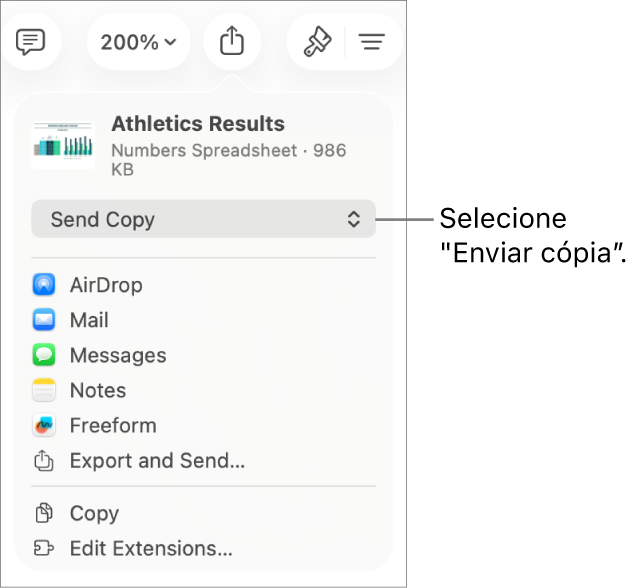 O menu “Partilhar” com “Enviar cópia” selecionada na parte superior.
