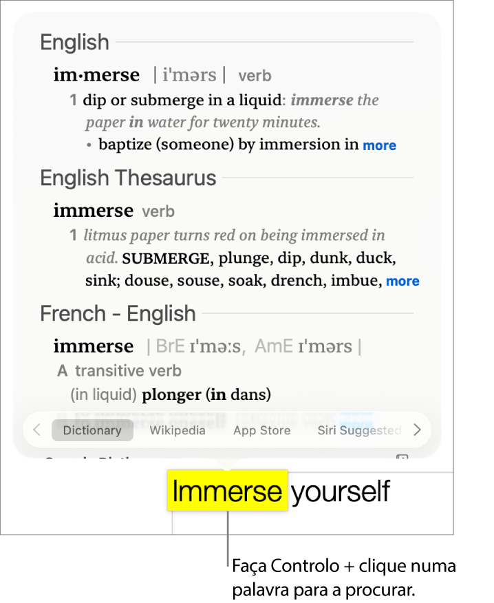 Texto com uma palavra realçada e uma janela a mostrar a respetiva definição e uma entrada do dicionário de sinónimos. Os três botões na parte inferior da janela fornecem hiperligações para o dicionário, a Wikipédia e os sites sugeridos por Siri.