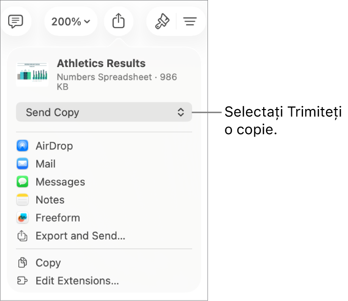 Meniul Partajează, cu opțiunea Trimite o copie selectată în partea de sus.