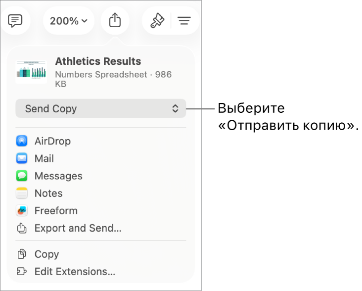 В верхней части меню «Поделиться» выбран параметр «Отправить копию».