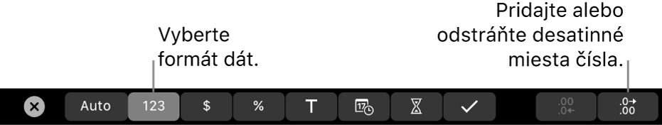 Touch Bar na MacBooku Pro s ovládacími prvkami na výber formátu dát a pridanie alebo odstránenie desatinných miest čísel.