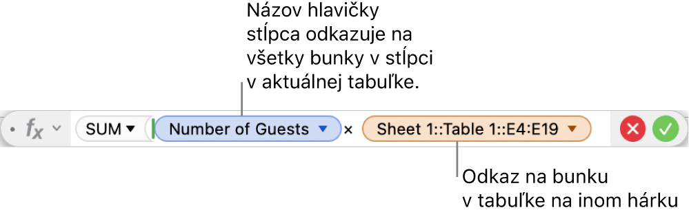 Editor vzorcov so zobrazeným vzorcom odkazujúcim na stĺpec v jednej tabuľke a bunku v druhej tabuľke.
