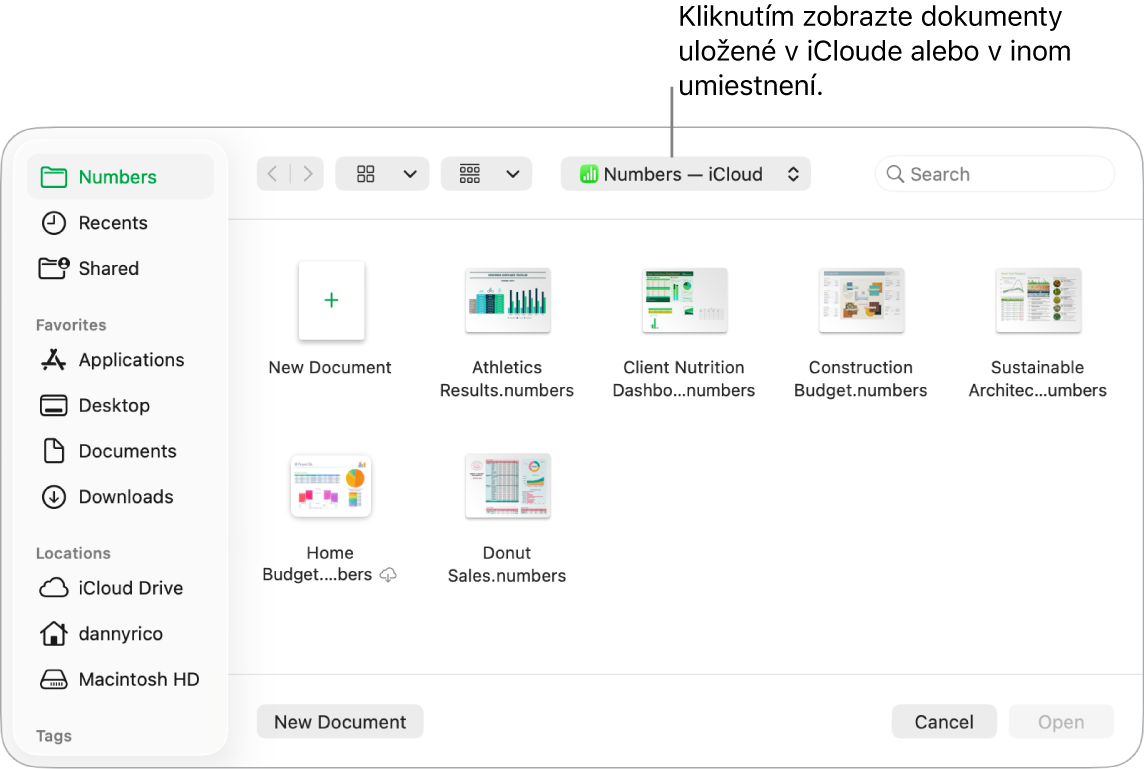 Dialógové okno Otvoriť s postranným panelom naľavo a iCloud Drive vybraný vo vyskakovacom menu navrchu. Priečinky pre Keynote, Numbers a Pages sa objavia v dialógovom okne spolu s tlačidlom Nový dokument.