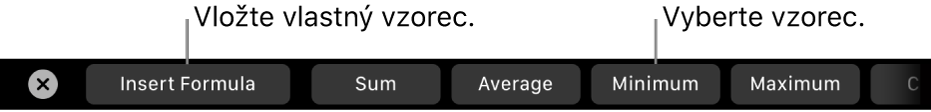 Touch Bar na MacBooku Pro s ovládacími prvkami na vloženie vlastného vzorca a výber bežne používaných vzorcov.