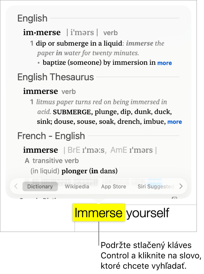 Text so zvýrazneným slovom a okno zobrazujúce jeho definíciu a položku zo synonymického slovníka. Tri tlačidlá v dolnej časti okna poskytujú odkazy na slovník, Wikipédiu a webové stránky, ktoré odporúča Siri.