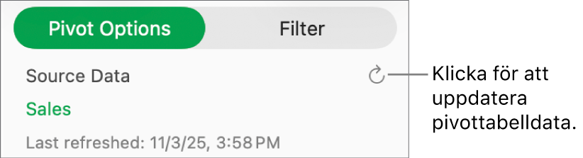 Fliken Pivotalternativ visar alternativet att uppdatera pivottabellen.