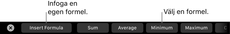 Touch Bar på MacBook Pro med reglage för att infoga en egen formel och välja en ofta använd formel.