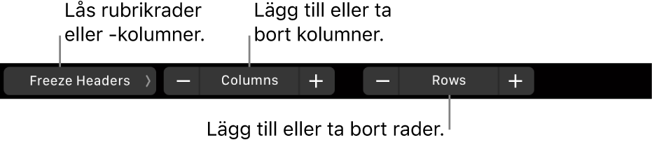 Touch Bar på MacBook Pro med reglage för att låsa rubrikrader och rubrikkolumner, lägg till eller ta bort kolumner och lägga till eller ta bort rader.