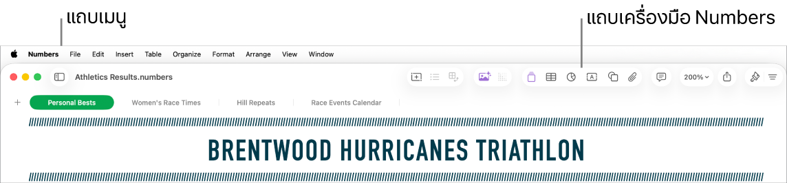 แถบเมนูที่ด้านบนสุดของหน้าจอ พร้อมเมนู Apple, Numbers, ไฟล์, แก้ไข, แทรก, ตาราง, จัดระเบียบ, รูปแบบ, จัดเรียง, มุมมอง, หน้าต่าง และวิธีใช้ ด้านล่างแถบเมนูคือสเปรดชีต Numbers ที่เปิดอยู่พร้อมปุ่มต่างๆ ของแถบเครื่องมือ