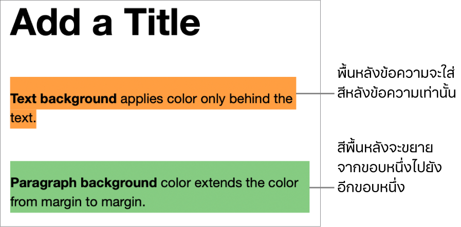 ย่อหน้าหนึ่งซึ่งมีสีหลังข้อความเท่านั้น และอีกย่อหน้าหนึ่งซึ่งสีหลังข้อความขยายจากขอบหนึ่งถึงอีกขอบหนึ่งเป็นบล็อก