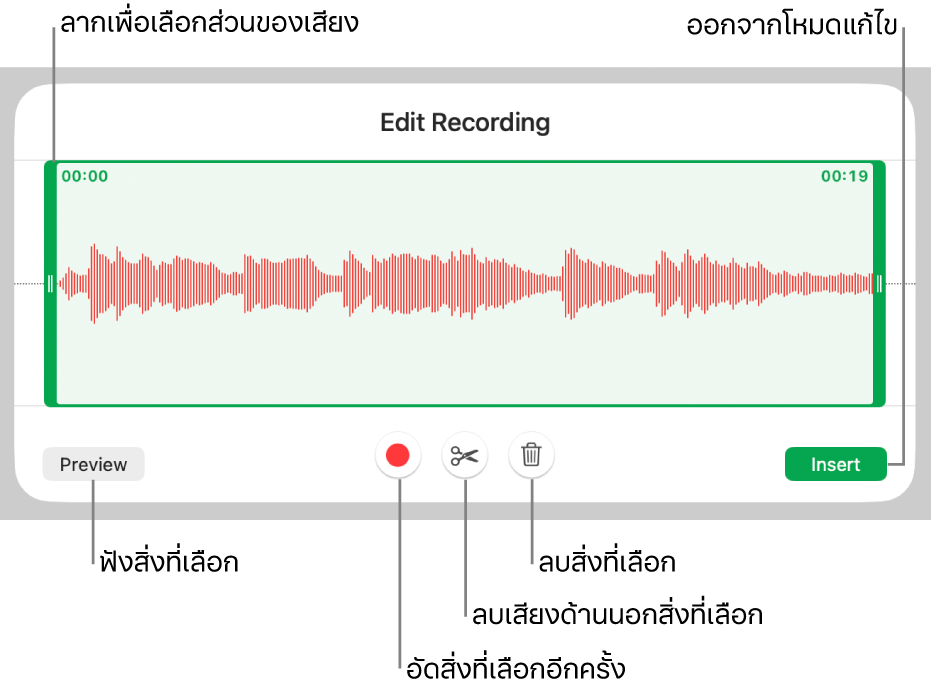 ตัวควบคุมสำหรับแก้ไขเสียงที่อัด ขอบจับจะบ่งบอกส่วนที่เลือกอยู่ของรายการอัด และปุ่มแสดงตัวอย่าง อัด ตัดต่อ ลบ และโหมดแก้ไขจะอยู่ทางด้านล่าง