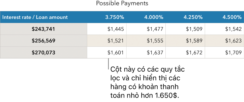 Bảng thế chấp được hiển thị sau khi lọc lãi suất có thể trả.