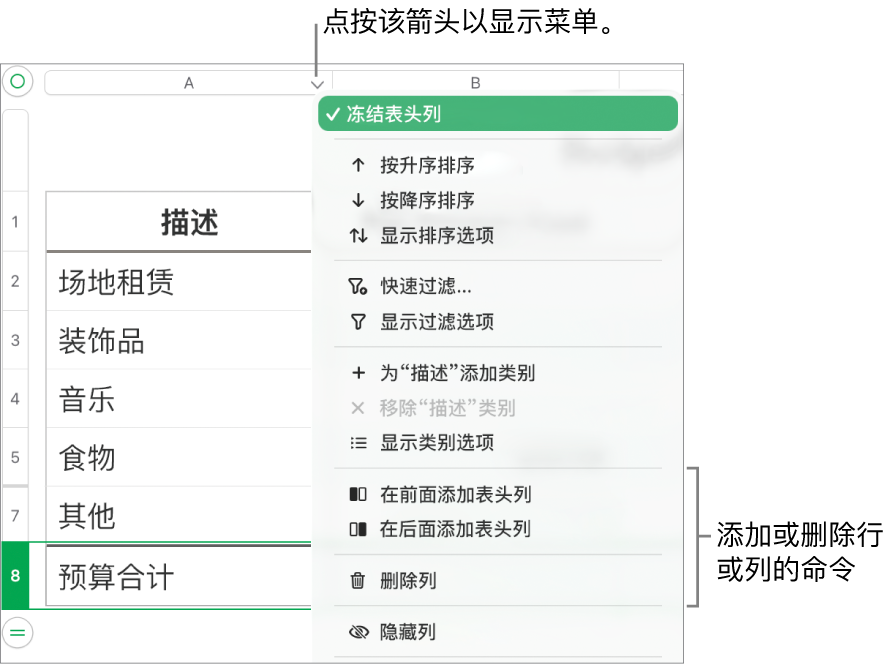 带有添加或删除行和列命令的表格列菜单。