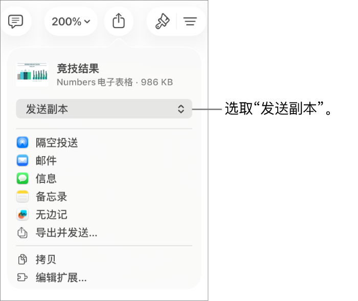 顶部已选中“发送副本”的“共享”菜单。