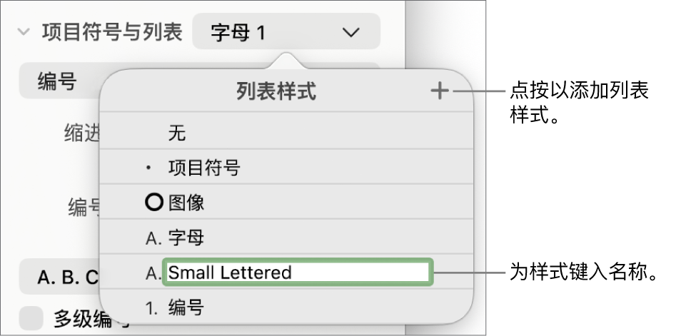 “列表样式”弹出式菜单,其中“添加”按钮位于右上角,占位符样式名称的文本被选中。