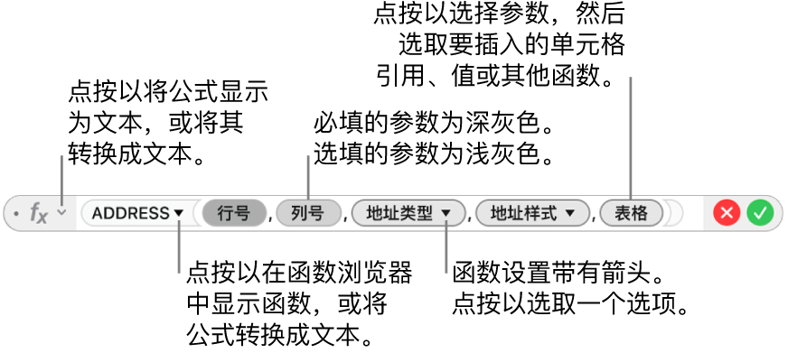 显示 ADDRESS 函数及其参数符号的公式编辑器。