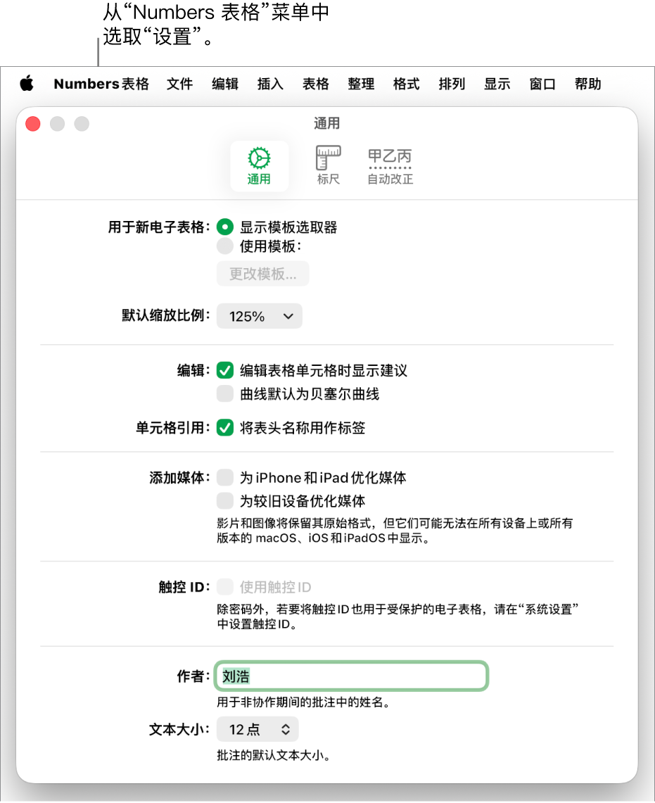 Numbers 表格设置窗口中已打开“通用”面板,包含用于新电子表格、默认缩放比例、编辑、单元格引用、方程、添加媒体、触控 ID、作者姓名和默认文本大小的设置。