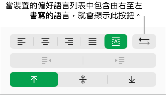 「格式」側邊欄「對齊方式」區域中的「段落方向」按鈕。