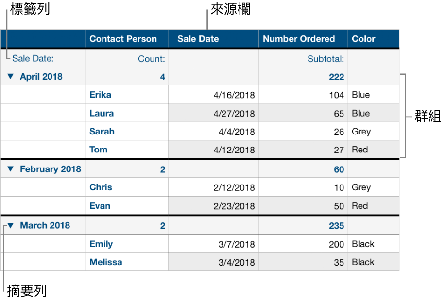 分類的表格顯示來源欄、群組、摘要列和標籤列。