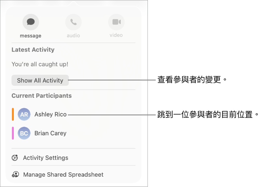 共同編輯選單，其中列出兩個目前的參與者。