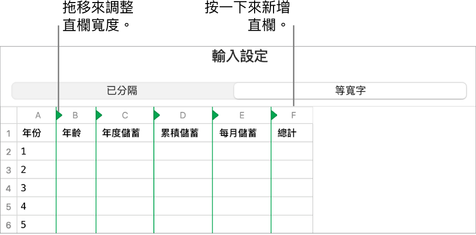 等寬文字檔案的輸入設定。