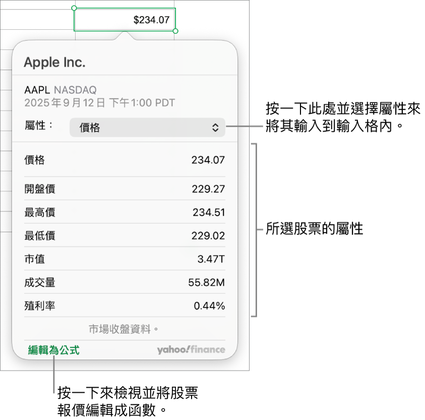 用於輸入股票屬性資訊的對話框，使用 Apple 為選取的股票。
