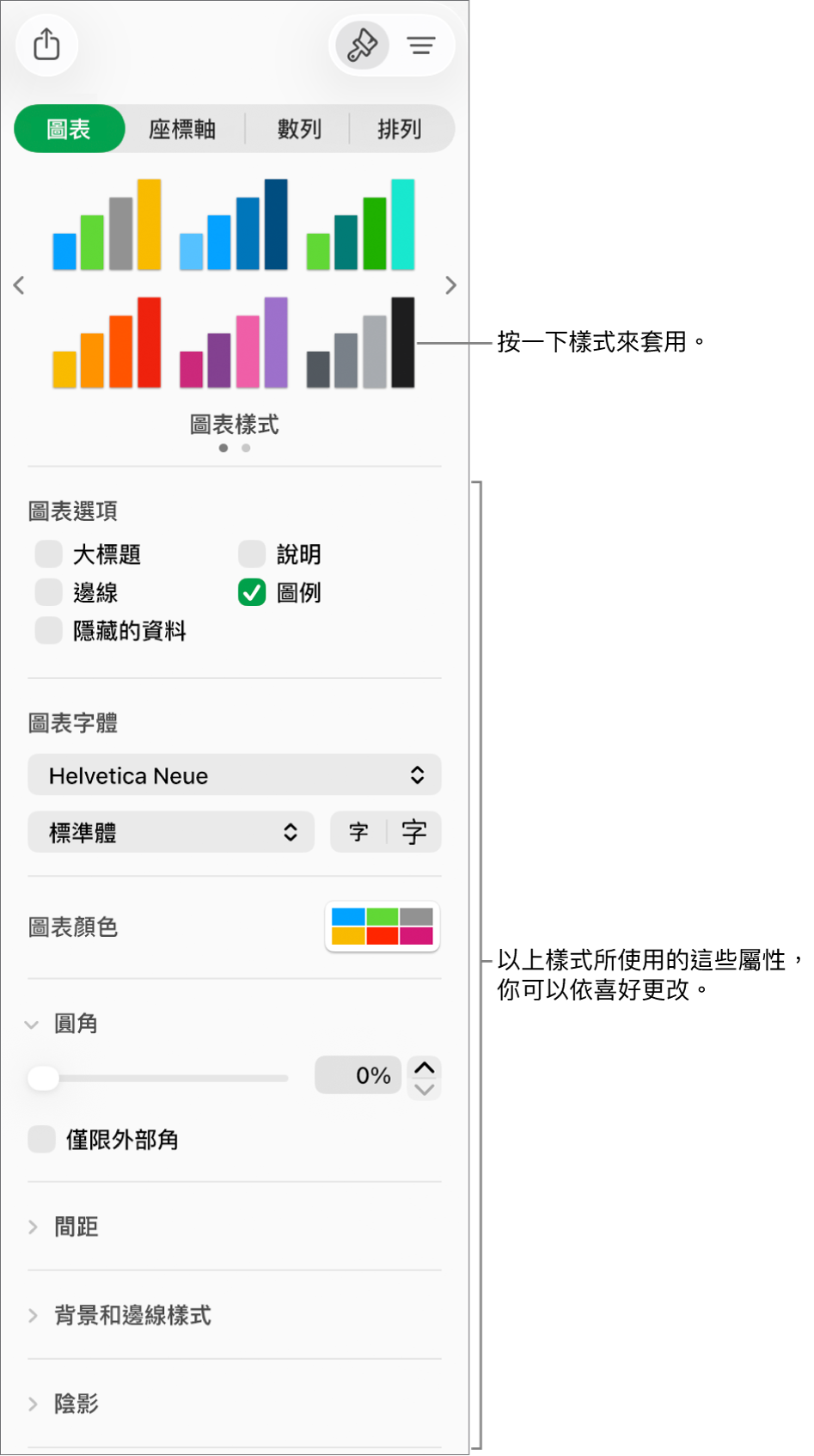顯示格式畫圖表之控制項目的「格式」側邊欄。